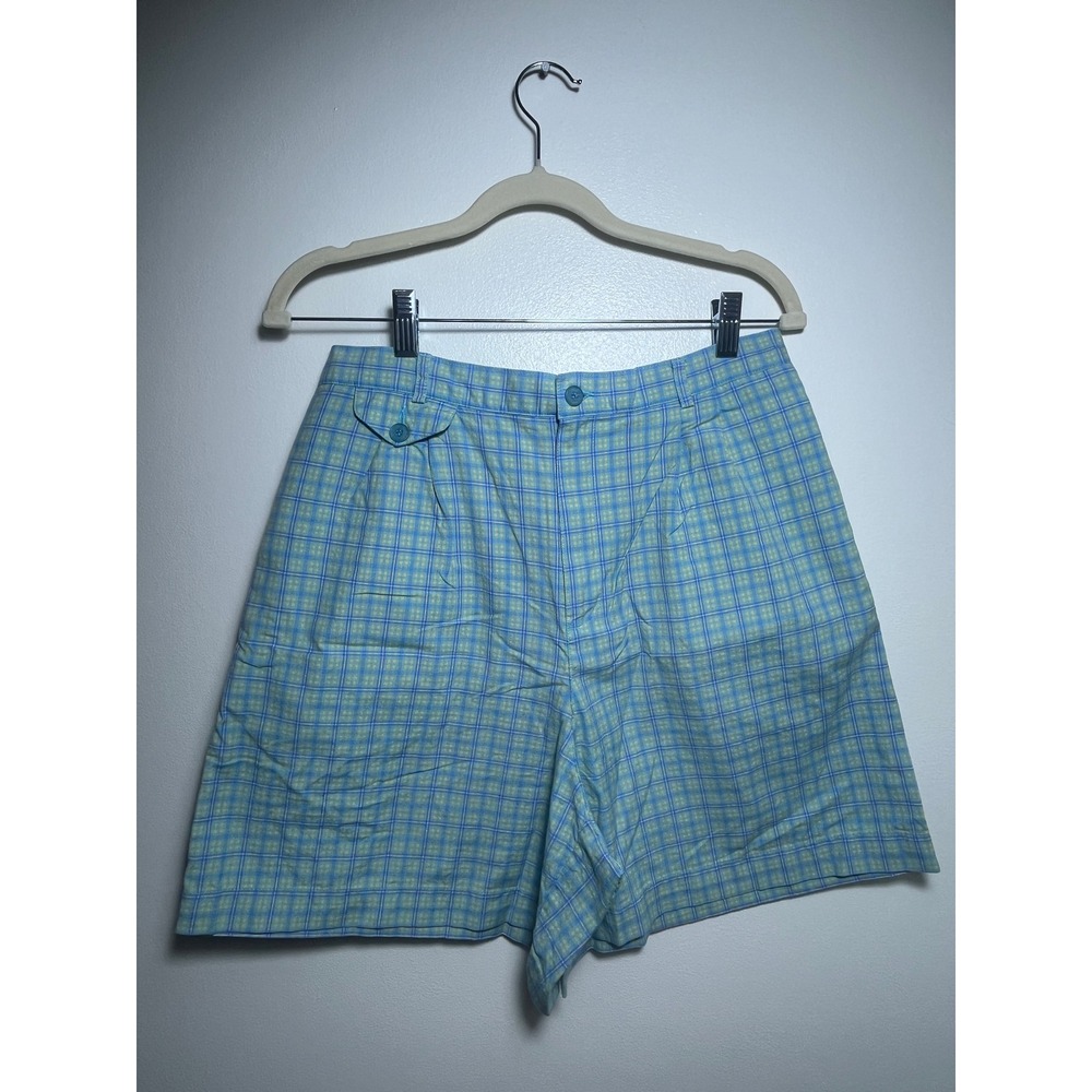 Lizsport Petite Vintage High Waisted Plaid Shorts Blue Yellow Cotton